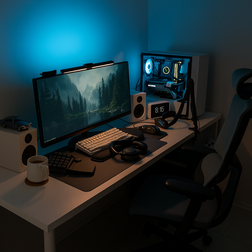 Setup chill gamer com iluminação azul, teclado branco, headset com fio e caneca sobre a mesa branca
