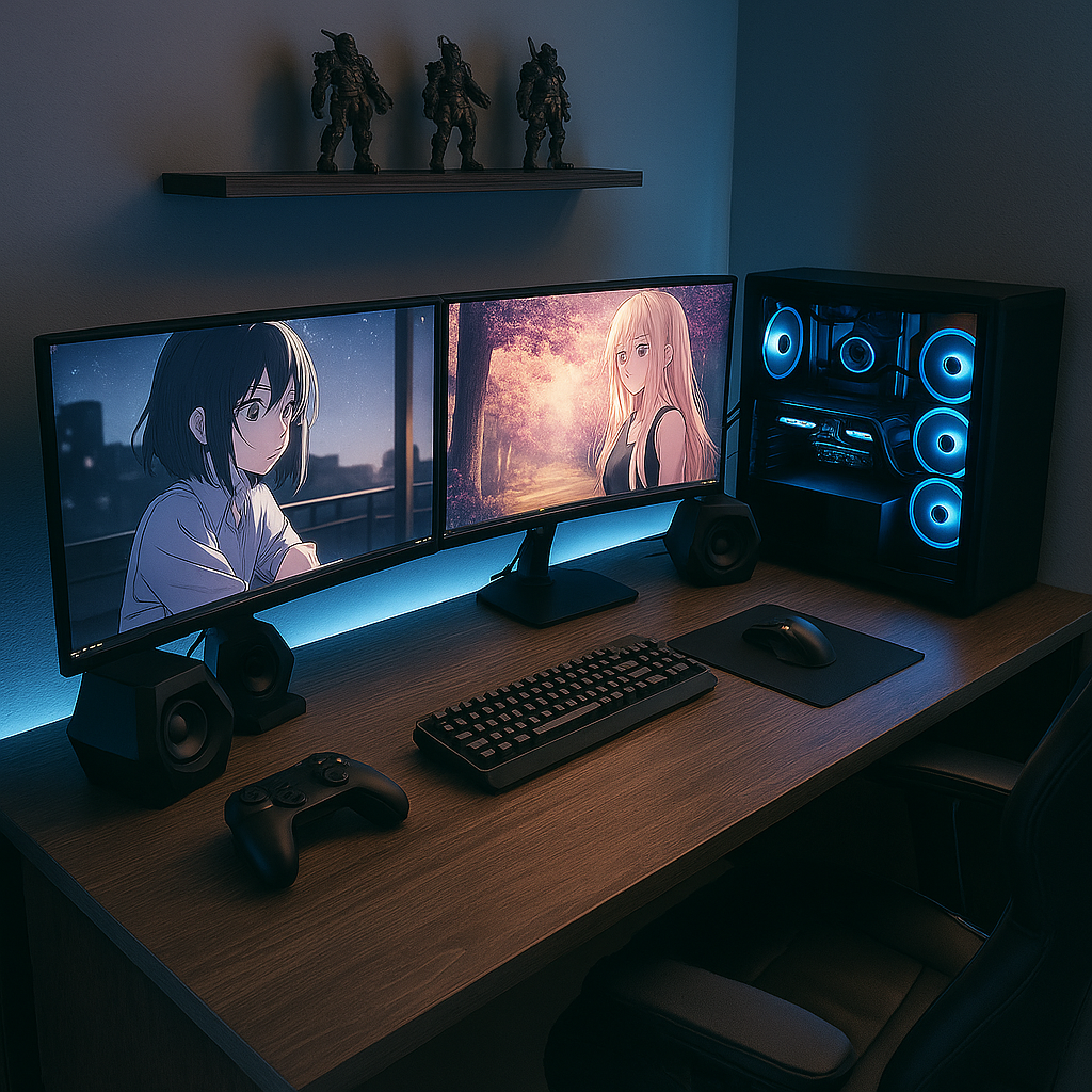 Setup gamer escuro com dois monitores exibindo anime, teclado mecânico preto e gabinete com iluminação azul