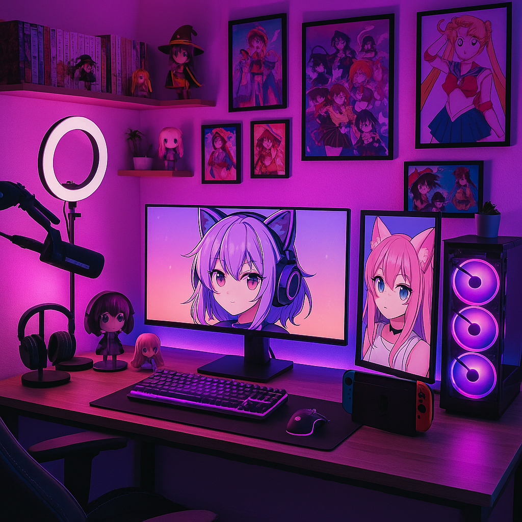 Setup gamer roxo com ring light, teclado iluminado, monitores com personagens anime e decoração temática
