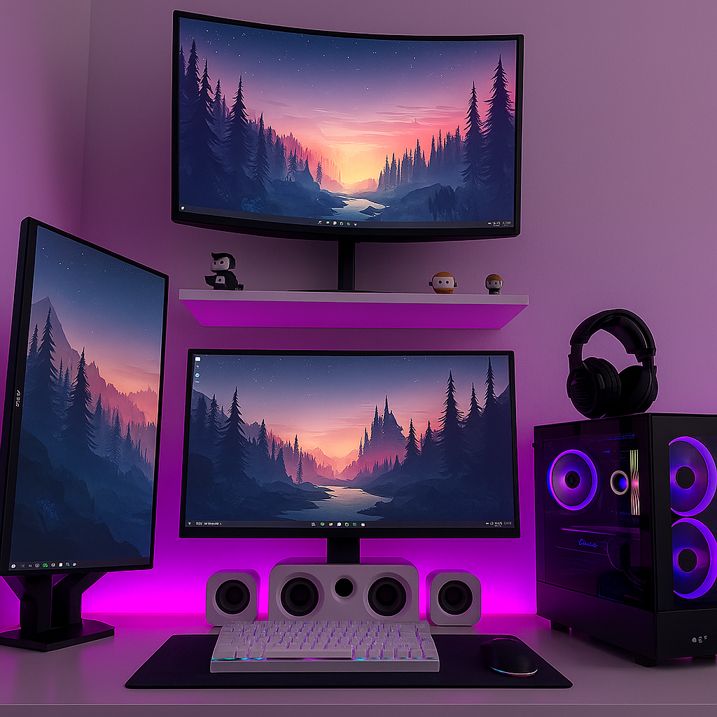 Setup gamer com três monitores, iluminação rosa, teclado branco e conjunto de speakers brancos sobre a mesa