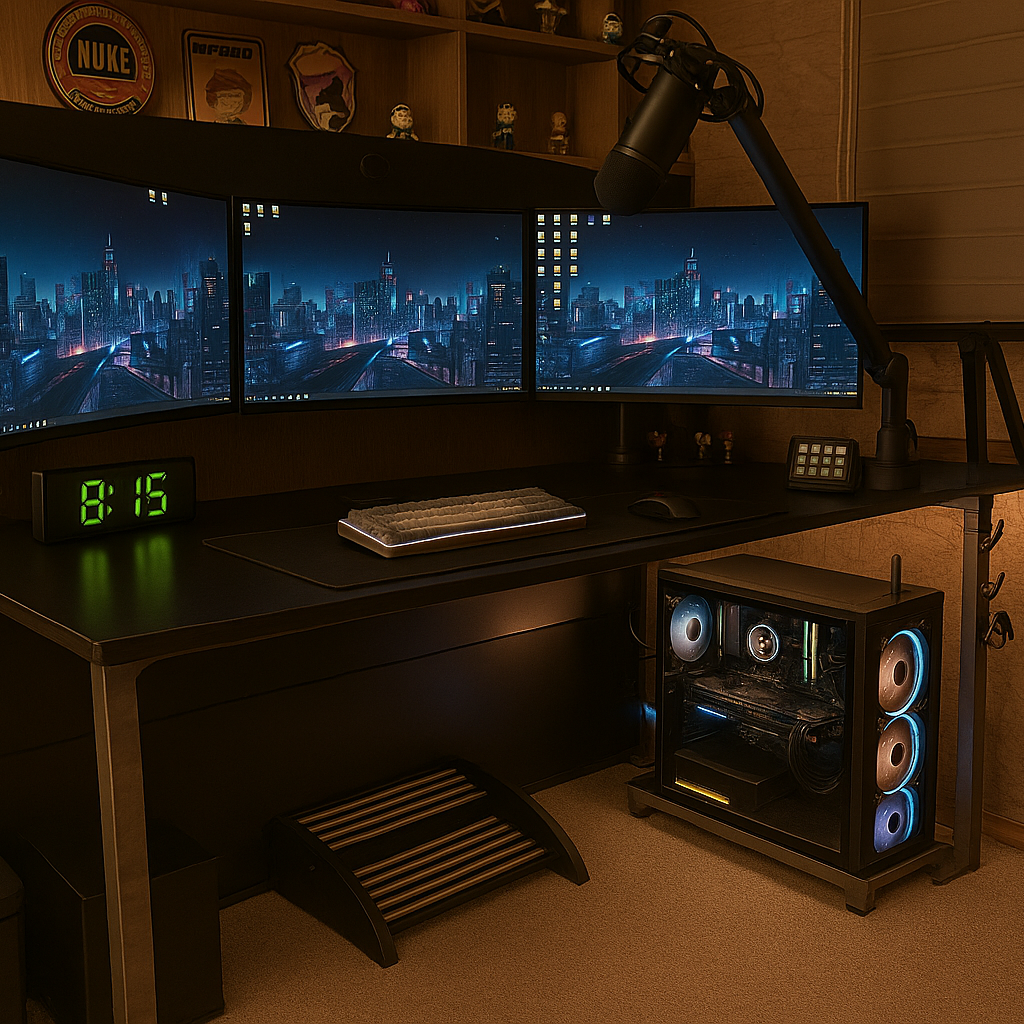 Setup gamer escuro com três monitores, iluminação sutil, relógio digital verde e gabinete com fans RGB