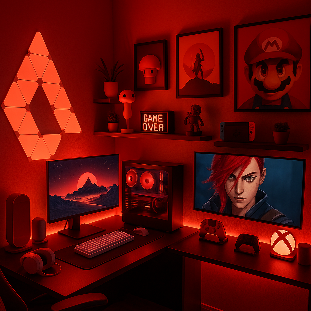 Setup gamer com iluminação vermelha
