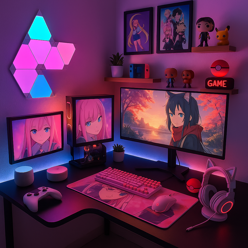 Setup kawaii gamer rosa com imagens da personagem Zero Two, teclado branco e headset com orelhas de gato